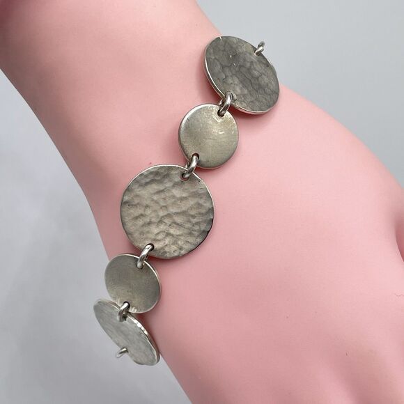 Vintage 925 Sterling Silver Disc Chain Bracelet Toggle Clasp Statement Boho - Picture 2 of 6